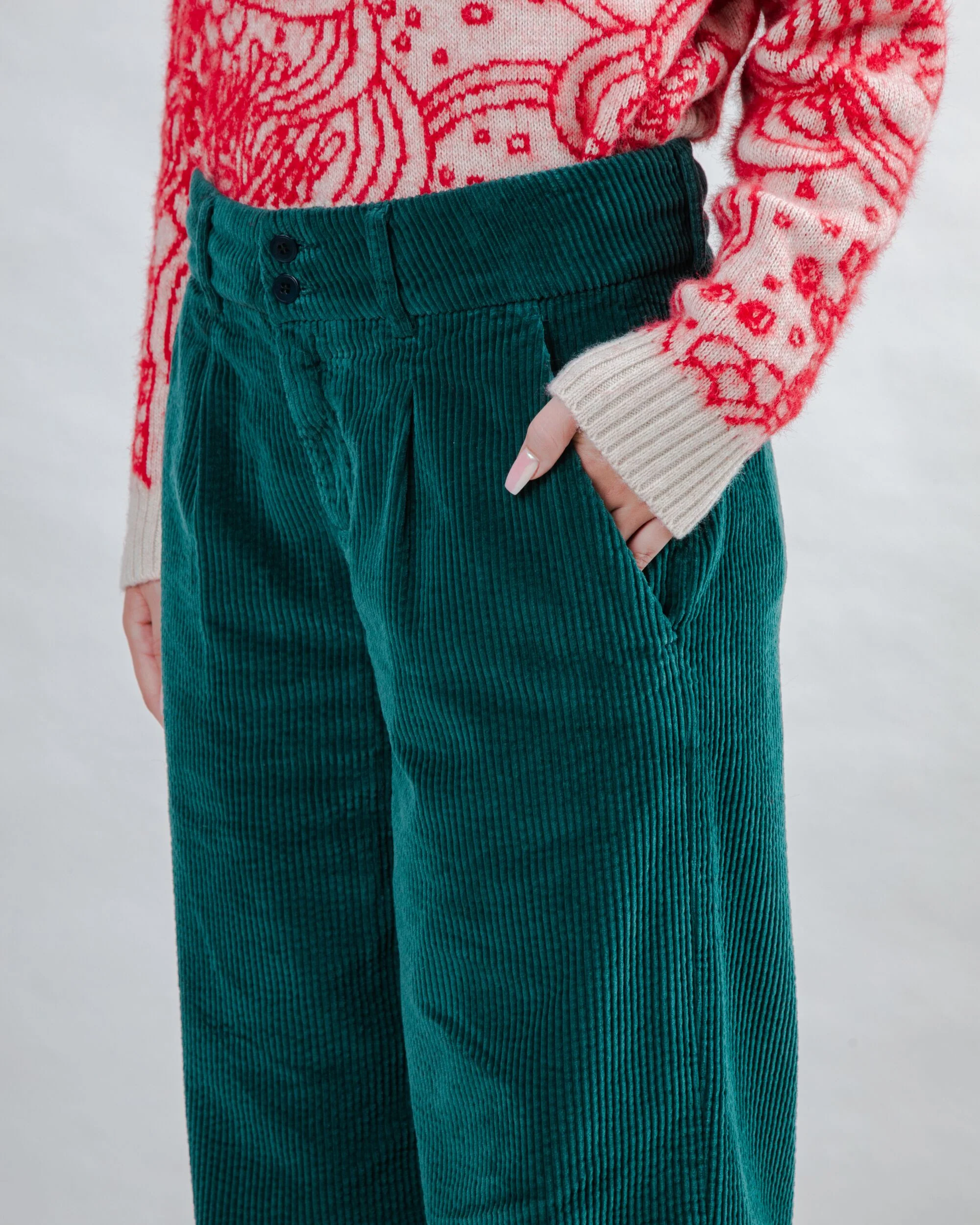 Corduroy Pleated Pants Dark Green - Image 4